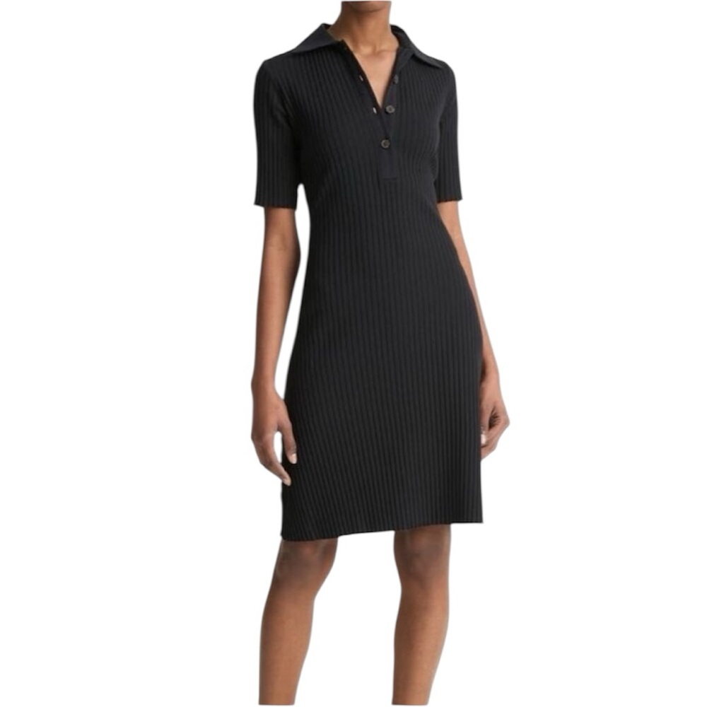 Vince Black Ribbed Collared Polo Midi Preppy Business Casual Dress Size Medium